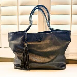 Tory Burch Black Leather Tote with Tassel Accent